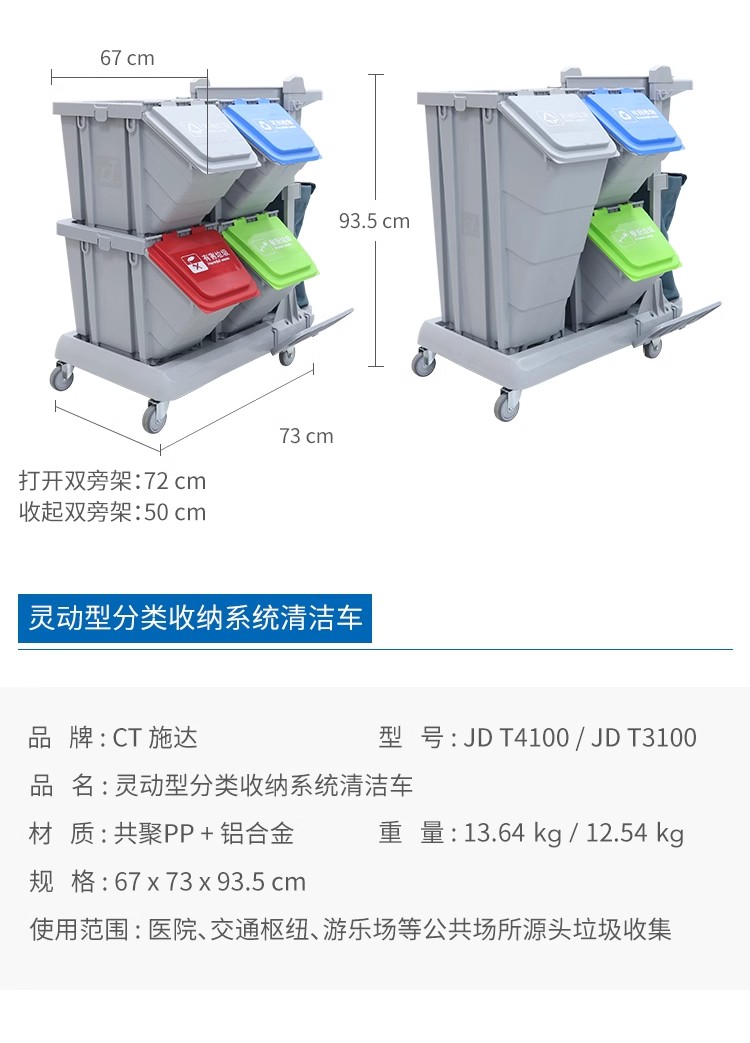 施达 JDB T4100 带刹车灵动型分类收纳系统清洁车，配工具袋、4个25公升分类箱